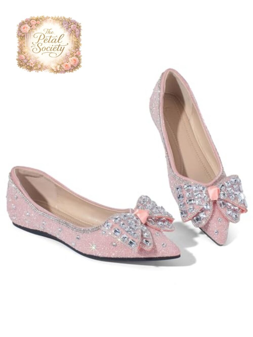 Women's Pointed Toe Ballet Flats with Diamond Bow and Sequins